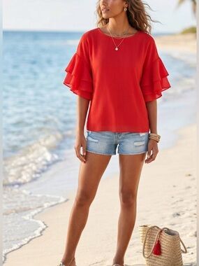 H&M Red Tiered Ruffle Short Sleeve Top